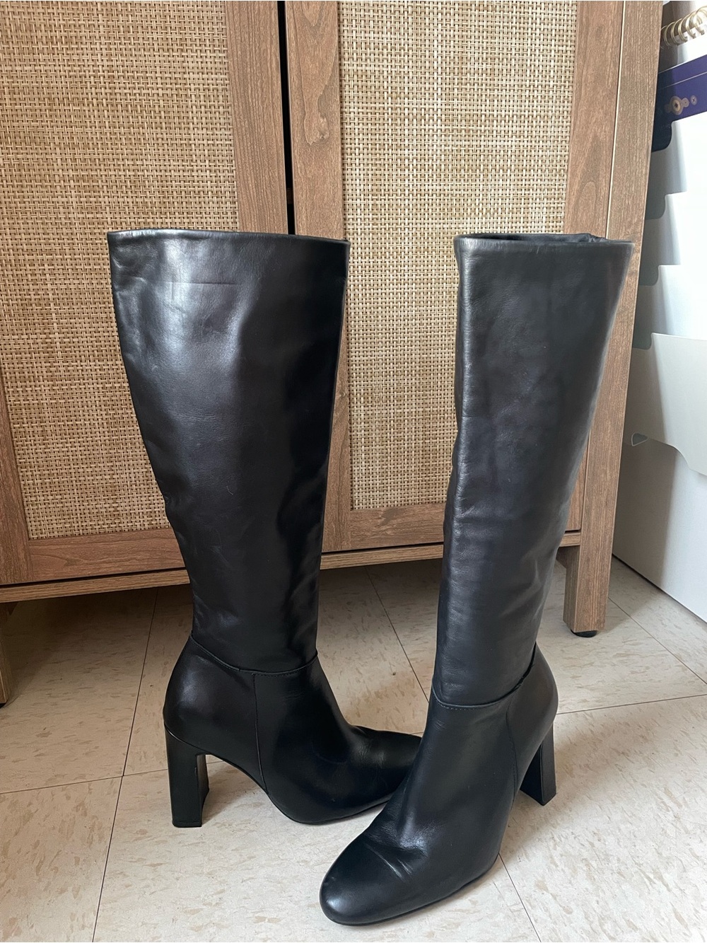 Mango Black Leather Knee-High Block Heel Boots